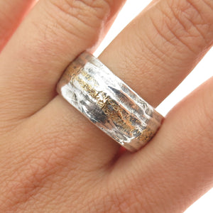 PAVE Sterling Silver 22K Gold Vintage Modernist Oxidized Band Ring Size 10.75