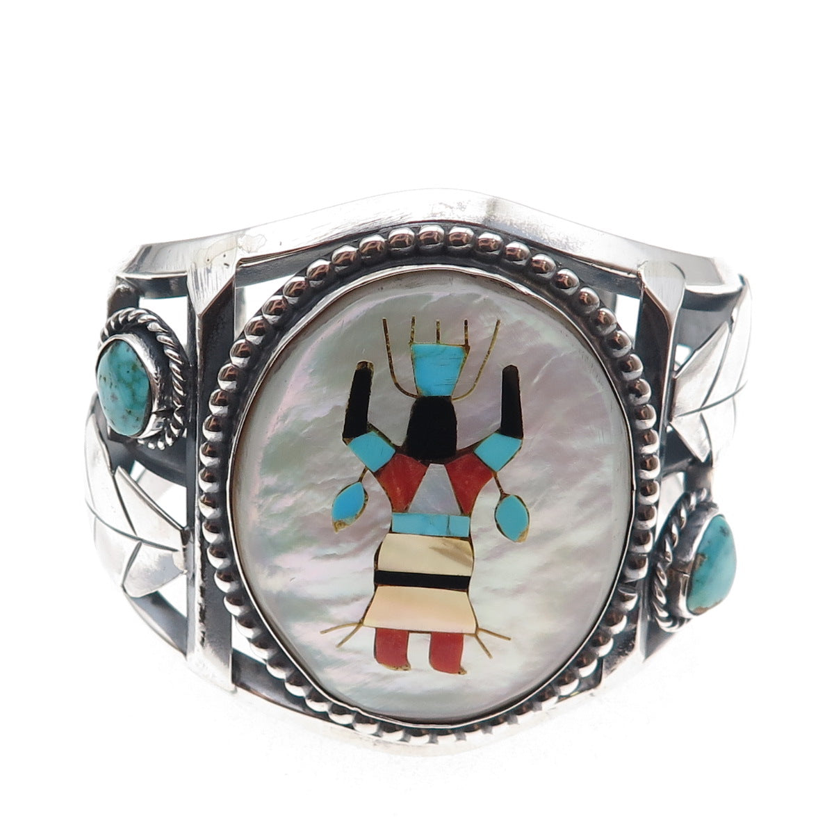 Old Pawn Sterling Silver Vintage Multi-Gem Indian Chief Adjustable Bracelet 6.5"