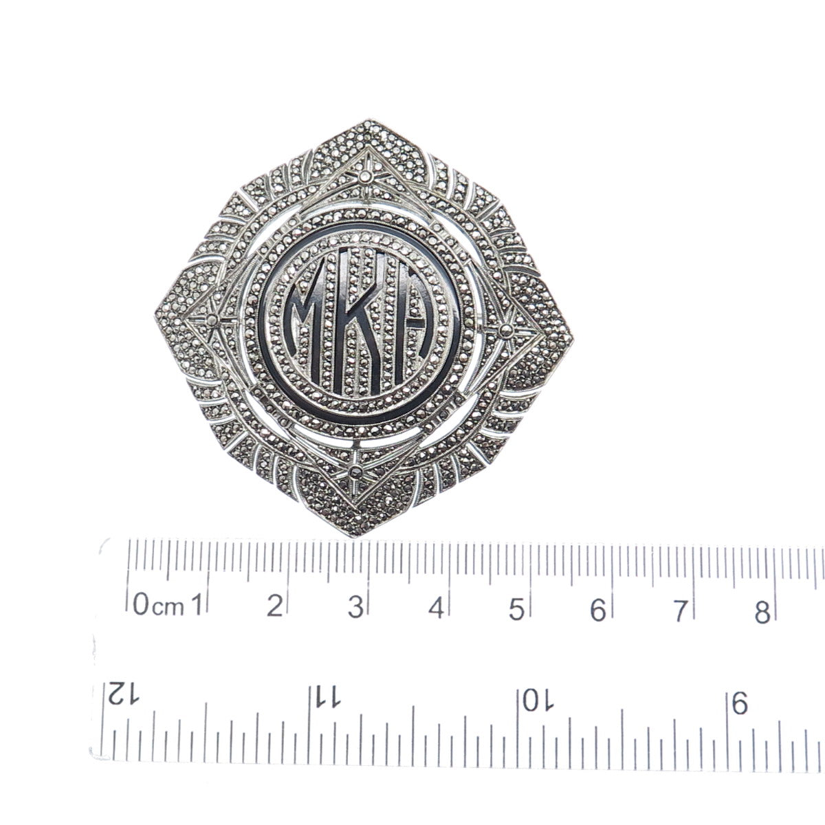 925 Sterling Silver Antique Real Black Onyx & Marcasite MKA Monogram Pin Brooch