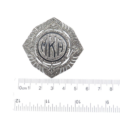 925 Sterling Silver Antique Real Black Onyx & Marcasite MKA Monogram Pin Brooch