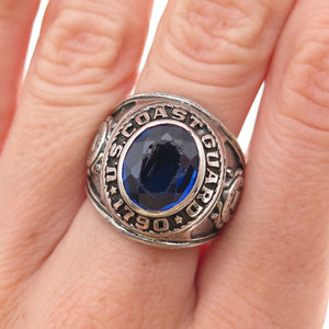 Crest Craft Sterling Vintage Lab-Created Sapphire US Coast Guard Ring Size 7.5