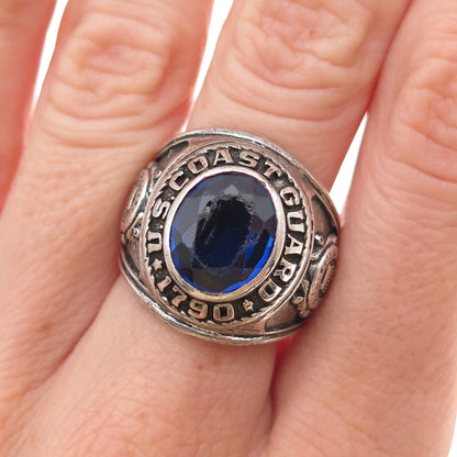 Crest Craft Sterling Vintage Lab-Created Sapphire US Coast Guard Ring Size 7.5