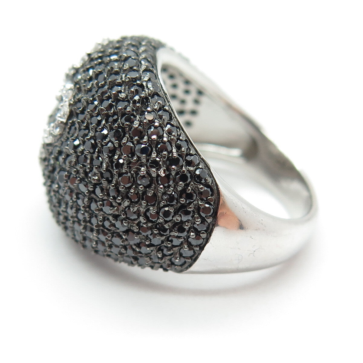 925 Sterling Silver Real Round-Cut Black Spinel & C Z Swirl Dome Ring Size 7.25