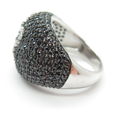 925 Sterling Silver Real Round-Cut Black Spinel & C Z Swirl Dome Ring Size 7.25