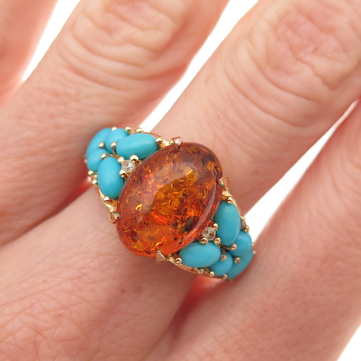 925 Sterling Silver Gold Plated Real Amber Turquoise White Topaz Ring Size 8.25