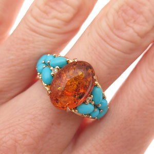 925 Sterling Silver Gold Plated Real Amber Turquoise White Topaz Ring Size 8.25