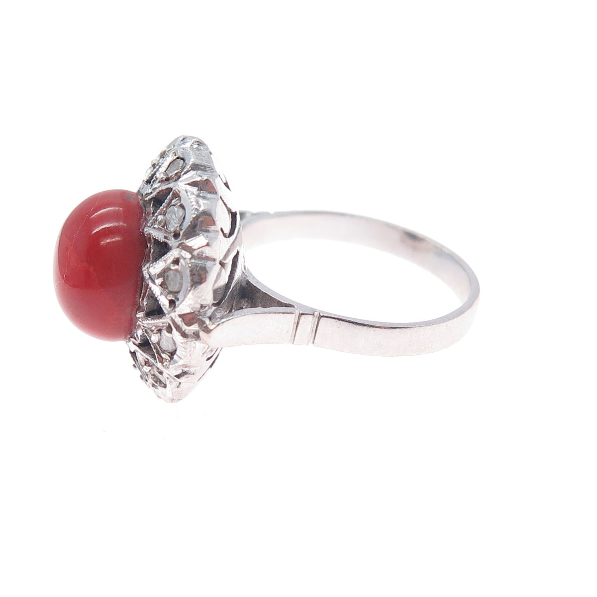 925 Sterling Silver Antique Art Deco Real Diamond & Coral Ring Size 6.25