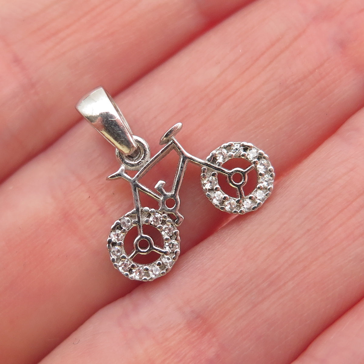 925 Sterling Silver Round-Cut C Z Bicycle Mini Charm Pendant