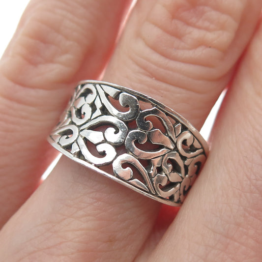 925 Sterling Silver Vintage Ornate Floral Heart Ring Size 6.25