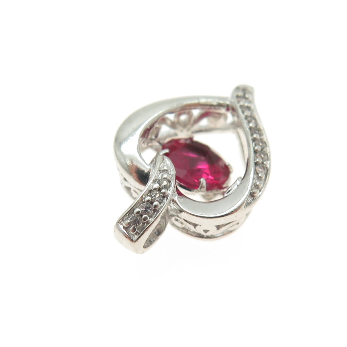 925 Sterling Silver Real White Topaz Gemstone & Lab-Created Ruby Heart Pendant