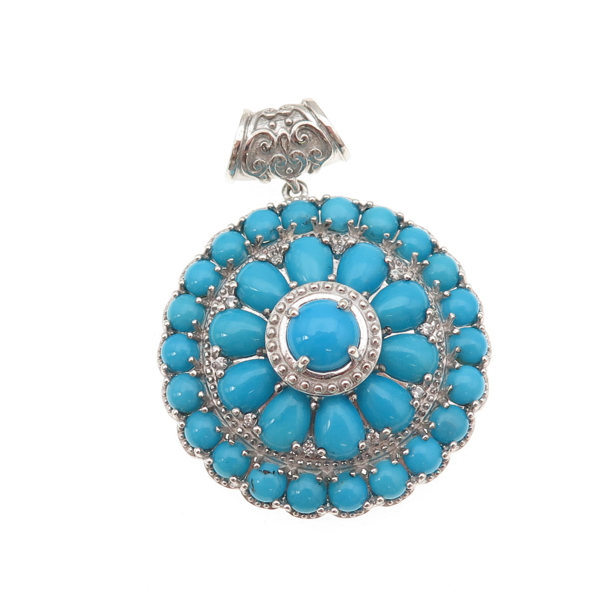 D'Joy 925 Sterling Silver Real Sleeping Beauty Turquoise & White Topaz Pendant