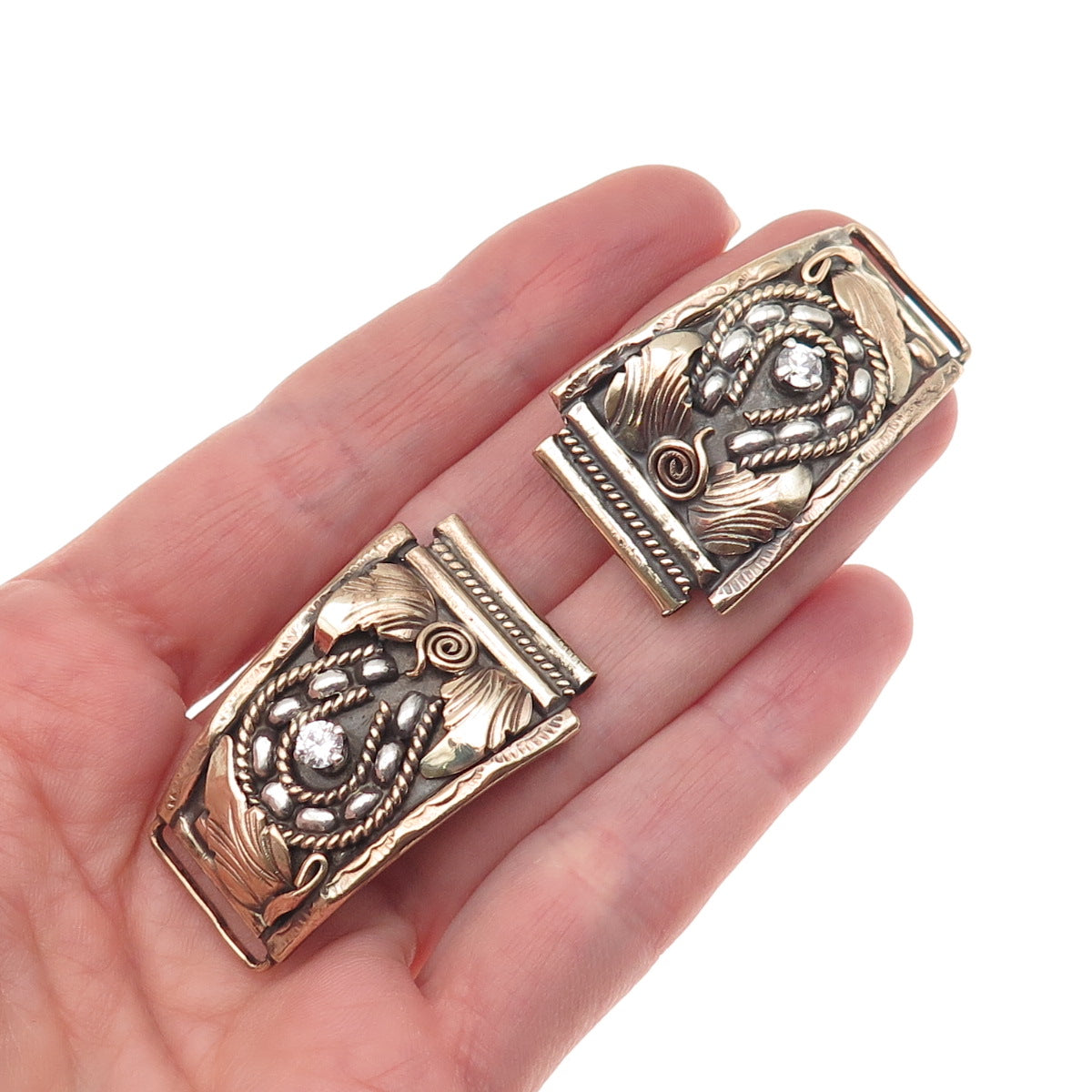 Silver Ray Navajo Old Pawn 925 Sterling 2-Tone Vintage C Z Floral Watch Band