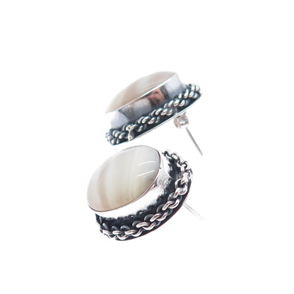 925 Sterling Silver Vintage Mexico Real MOP Modernist Roped Oxidized Earrings