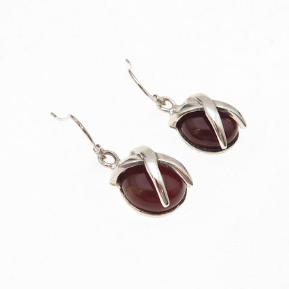 925 Sterling Silver Vintage Real Carnelian Modernist X-Shape Dangle Earrings