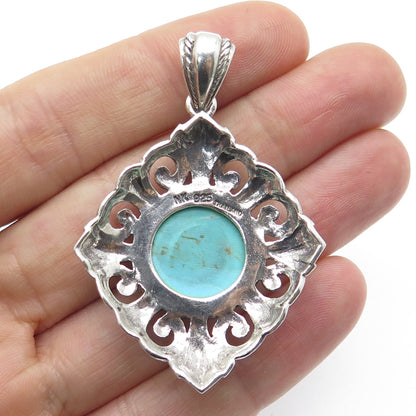 NK SILVER 925 Sterling Silver Vintage Real Cabochon Turquoise Ornate Pendant