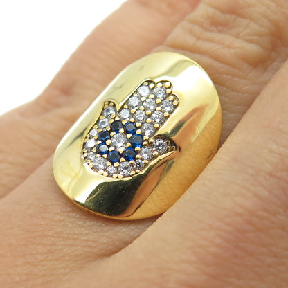 925 Sterling Silver Gold Plated White & Blue C Z Hamsa Hand Ring Size 7