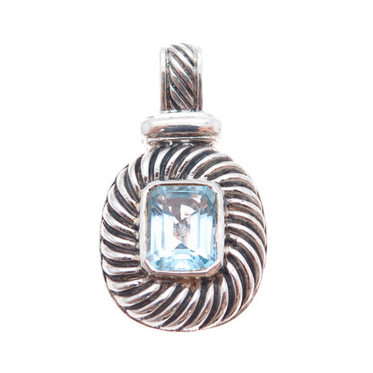 925 Sterling Silver Vintage Real Emerald-Cut Blue Topaz Oxidized Charm Pendant