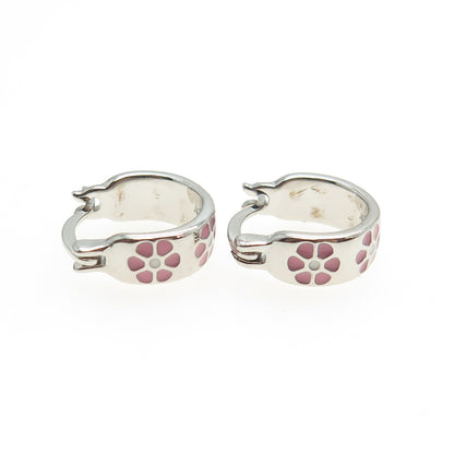 925 Sterling Silver Enamel Flower Hoop Earrings