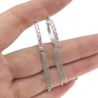 925 Sterling Silver Round-Cut Pink C Z Tassel Hoop Earrings