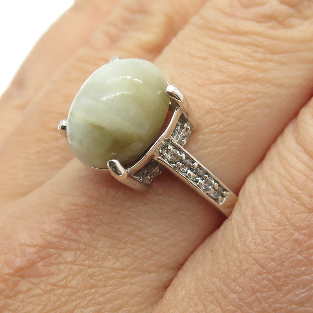 925 Sterling Silver Real Cabochon Prehnite & Round-Cut C Z Ring Size 9