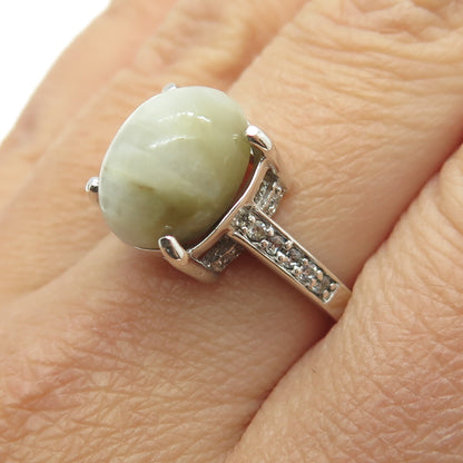 925 Sterling Silver Real Cabochon Prehnite & Round-Cut C Z Ring Size 9