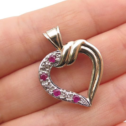 925 Sterling Silver Gold Plated Vintage Real Diamond & Ruby Heart Charm Pendant