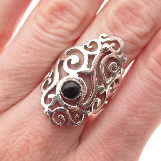 Nuris 925 Sterling Silver Vintage Real Black Onyx Modernist Swirl Ring Size 7