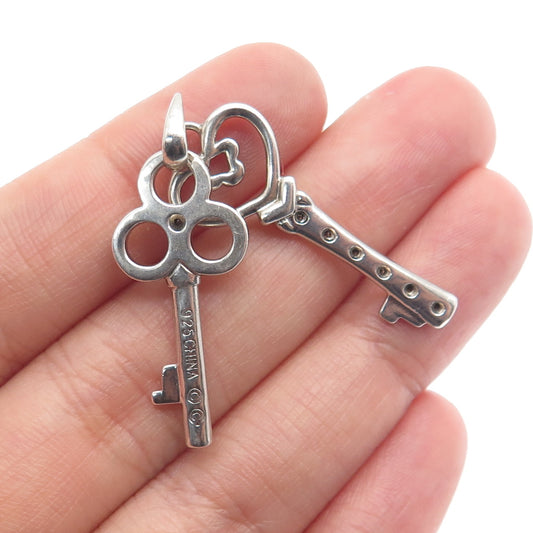 925 Sterling Silver Real Diamond Heart & Club Key Double Charm Pendant