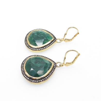925 Sterling Silver Gold Plated Real Diamond & Emerald Teardrop Dangle Earrings