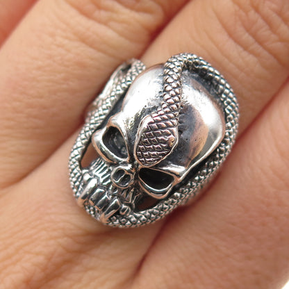 925 Sterling Silver Vintage Skull & Snake Oxidized Biker Ring Size 7.75
