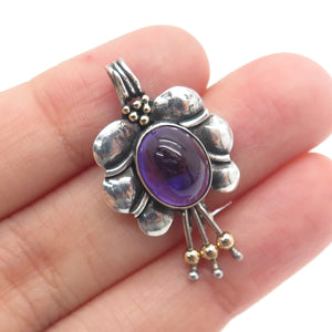 ORION Sterling Silver & 14K Gold Vintage Real Amethyst Modernist Flower Pendant