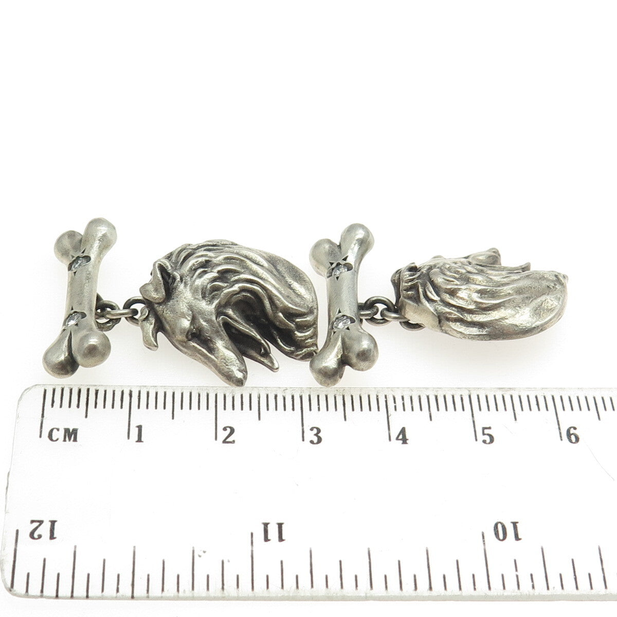 925 Sterling Silver Vintage Real Round-Cut White Diamond Collie Dog Cufflinks