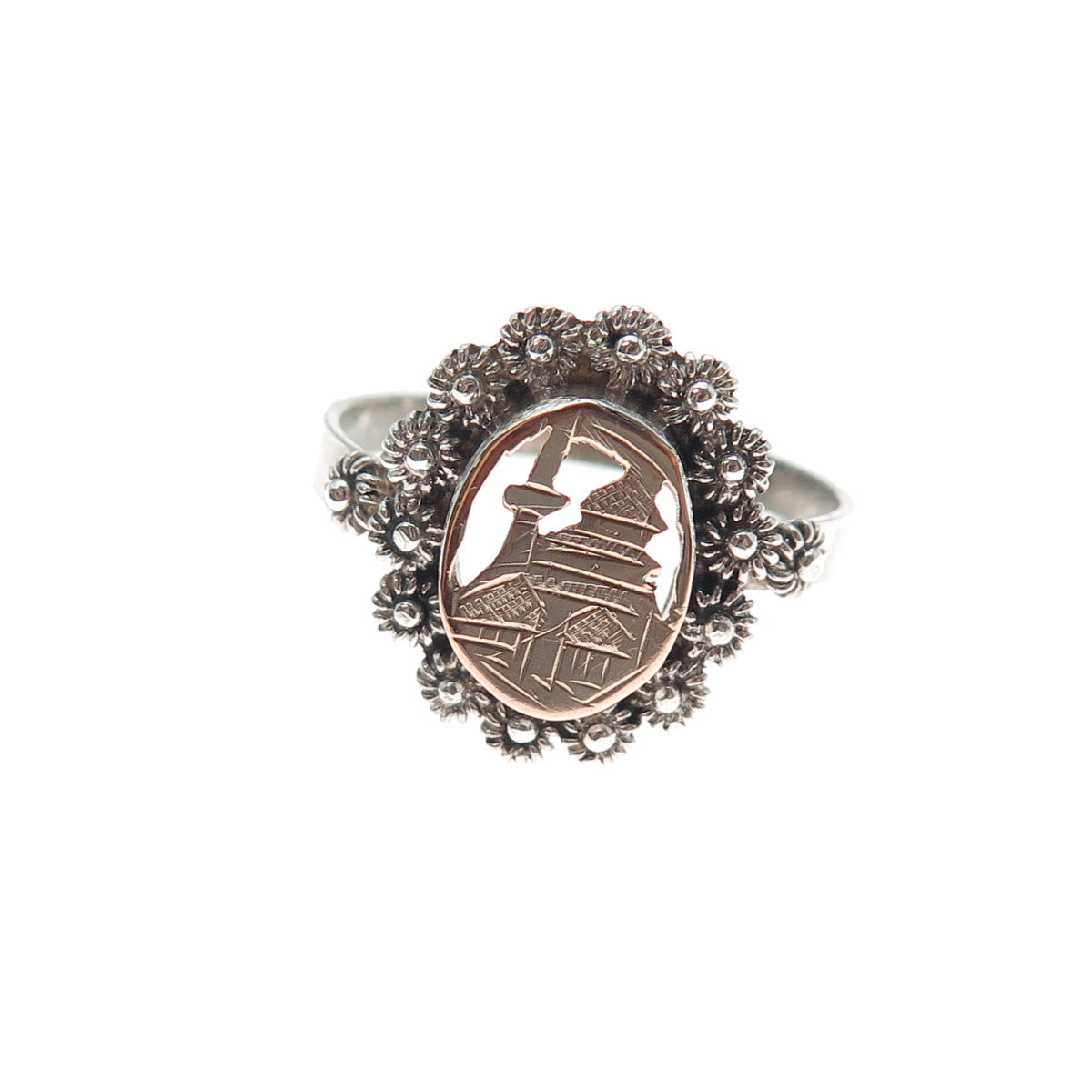 925 Sterling Silver 2-Tone Vintage Old Town Cannetille Ring Size 7.75