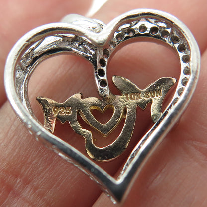 SUN 925 Sterling Silver & 10K Rose Gold Real Diamond "MOM" Heart Pendant