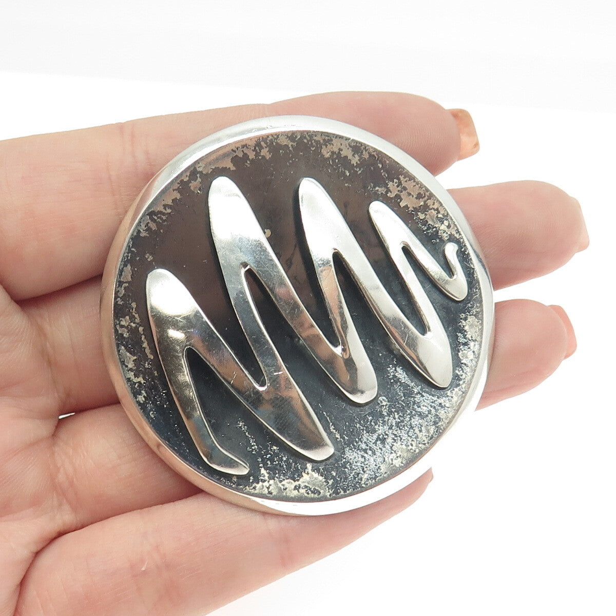 925 Sterling Silver Vintage Mexico Modernist Zig-Zag Round Pin Brooch