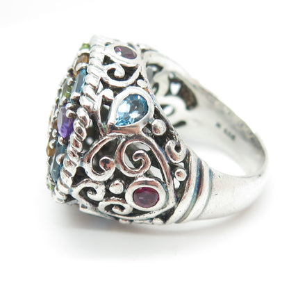 925 Sterling Silver Vintage Amethyst Citrine Peridot Topaz Gem Ring Size 7.25