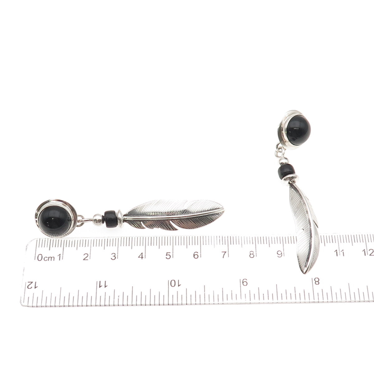 Old Pawn 925 Sterling Silver Vintage Black Onyx Feather Tribal Dangle Earrings