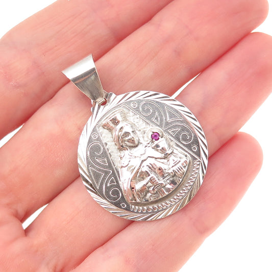 925 Sterling Silver Vintage Real Ruby St. Barbara Religious Medal Charm Pendant