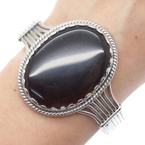 TAHARA 925 Sterling Silver Vintage Real Black Agate Adjustable Bracelet 7.75"