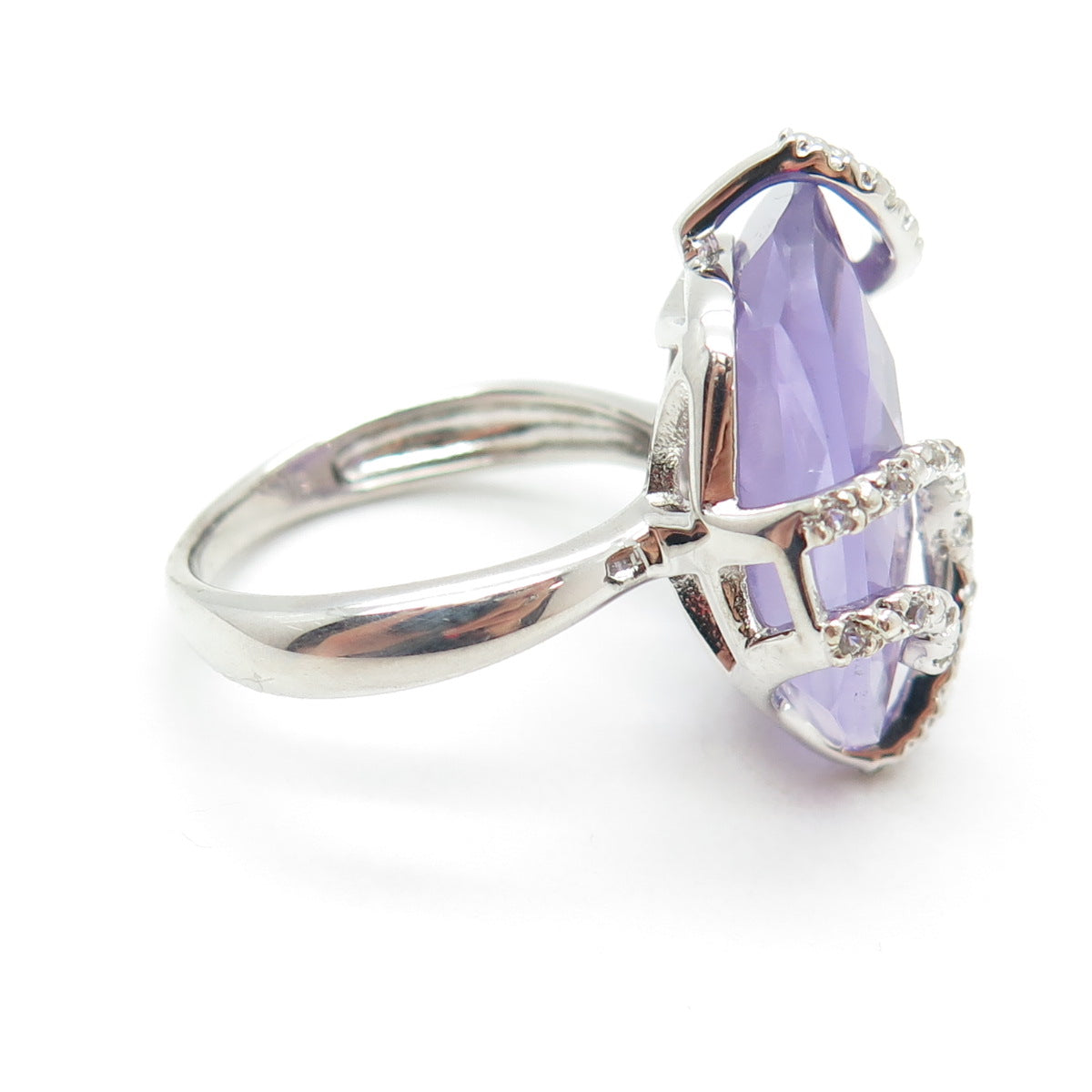 925 Sterling Silver Real Amethyst & White Topaz Wavy Ring Size 7.25