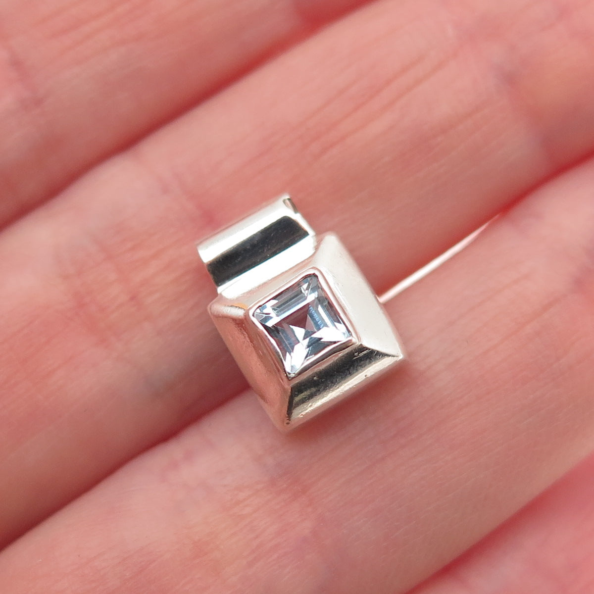 925 Sterling Silver Vintage Real Asscher-Cut Blue Topaz Mini Slide Charm Pendant