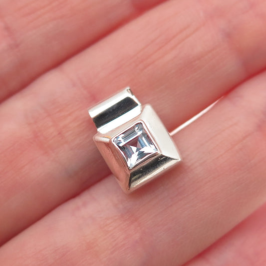 925 Sterling Silver Vintage Real Asscher-Cut Blue Topaz Mini Slide Charm Pendant