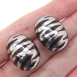 925 Sterling Silver Vintage Italy Enamel Zebra Pattern Clip On Earrings