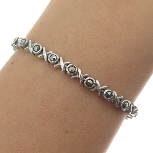 925 Sterling Silver Vintage Real Marcasite Gemstone X Link Bracelet 6.75"