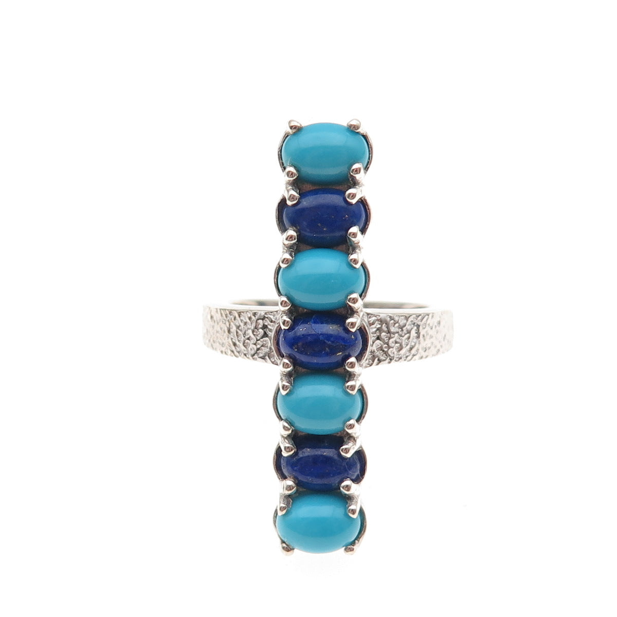 925 Sterling Silver Real Cabochon Turquoise & Lapis Bar Ring Size 8.25