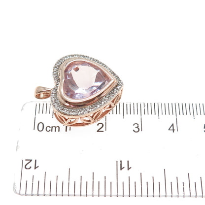 925 Sterling Silver Rose Gold Plated Amethyst & White Topaz Heart Charm Pendant