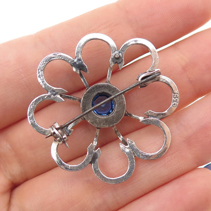 935 Silver Vintage Round-Cut Blue Rhinestone Flower Oxidized Pin Brooch