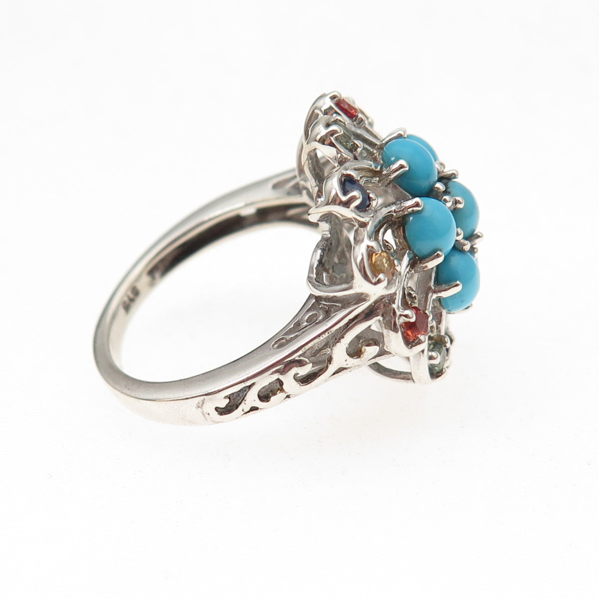 Chuck Clemency 925 Sterling Real Turquoise & Multi-Color Sapphire Ring Size 6.25
