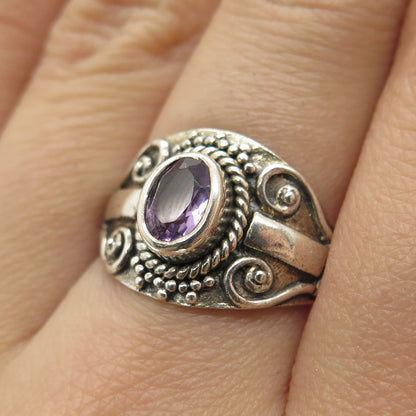 925 Sterling Silver Vintage Real Oval-Cut Amethyst Swirl Ring Size 4.75