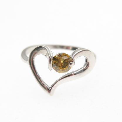 925 Sterling Silver Round-Cut Canary C Z Heart Ring Size 6